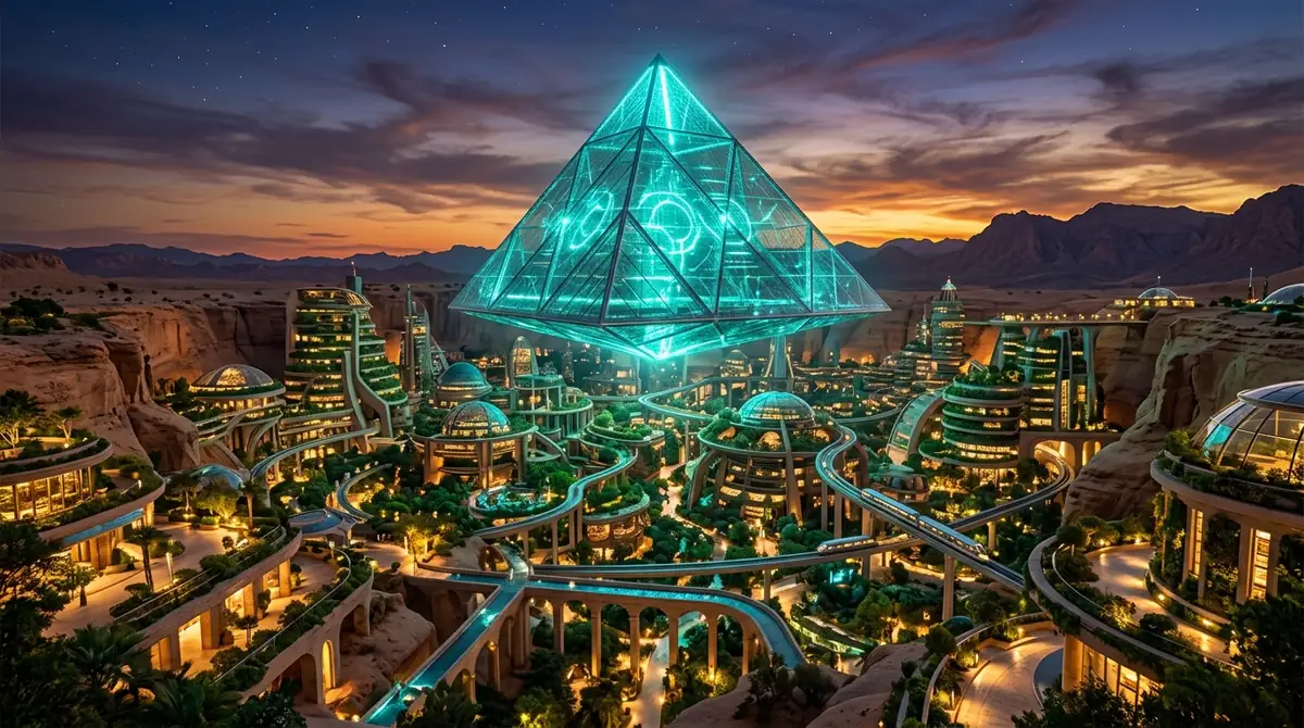 Futuristic floating pyramid oasis